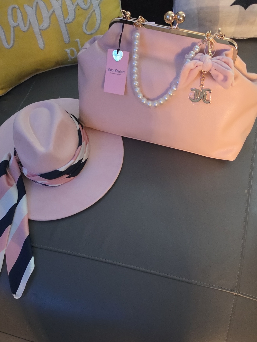 Juicy Couture Blush Pink Pearl-Handle Frame Satchel with Bow Charm